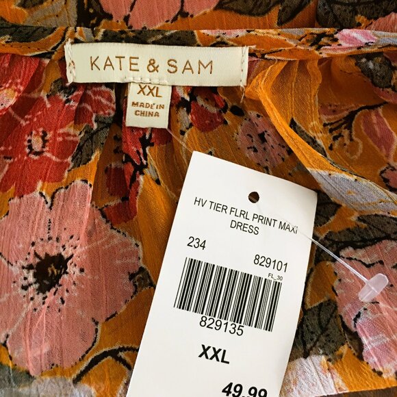 Kate & Sam Maxi Dress Sz XXL Tiered Floral Lined Long Sleeve Maxi Dress NWT - Picture 8 of 8